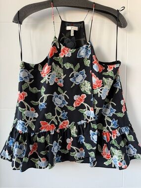 Joie Silk Black Floral Ruffle Camisole